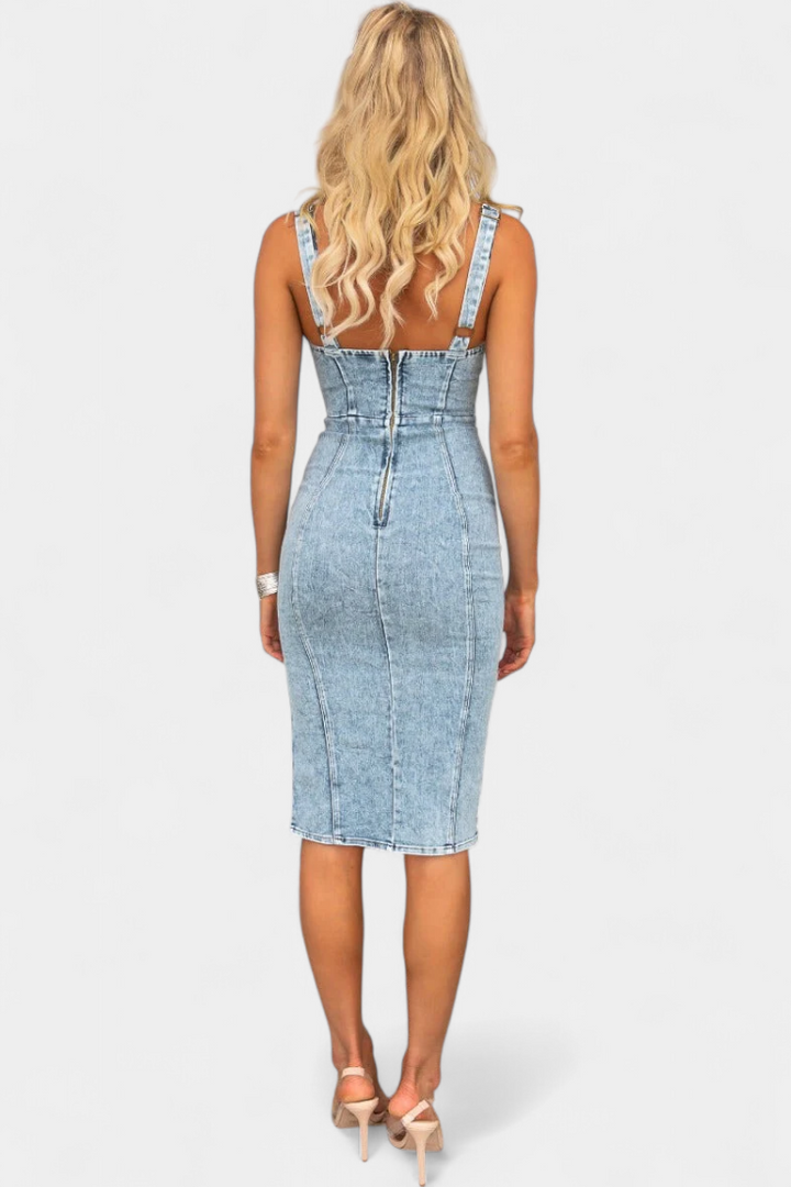 Vestito Janessa in Denim con Spalline Regolabili e Apertura Frontale